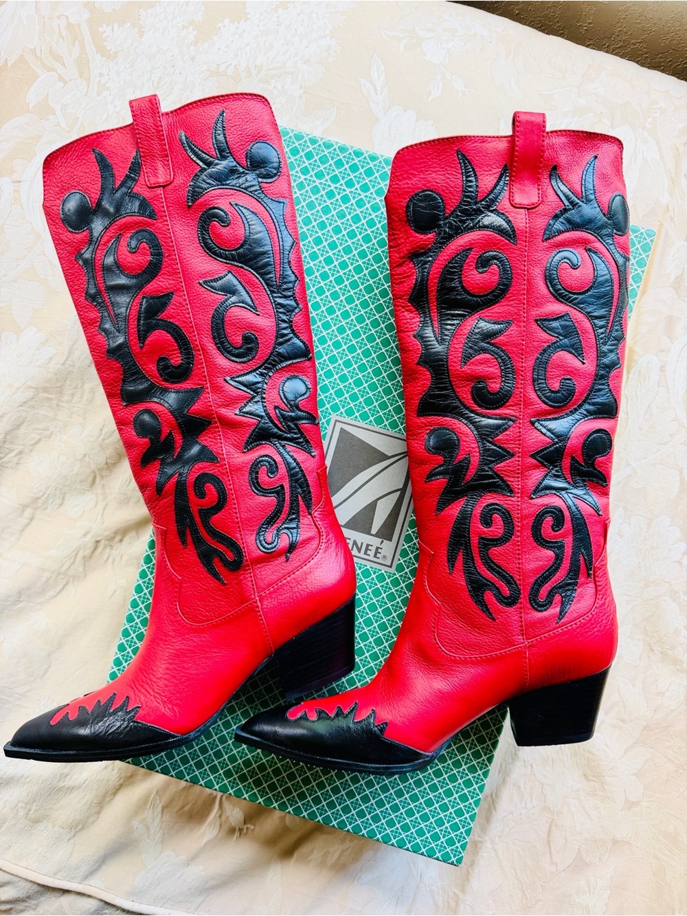 Vintage J. Renee ROGERS Red Black Leather Cowboy Boots 7.5W NIB Flame Y2K - Picture 2 of 14